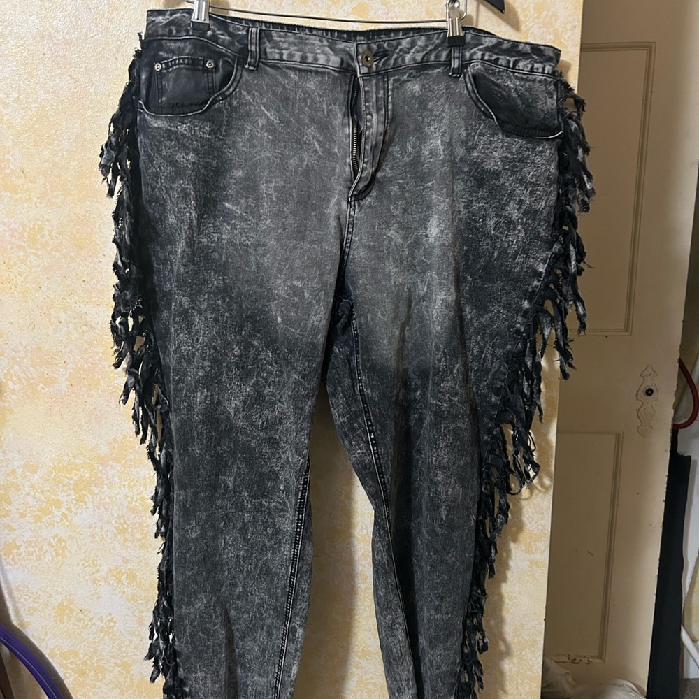 Ashley Stewart Black Acid Wash Fringe Jeans